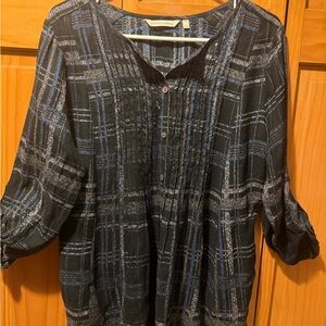Soft Surroundings Black Plaid Pintuck Button-Front Tunic with Blue Accents